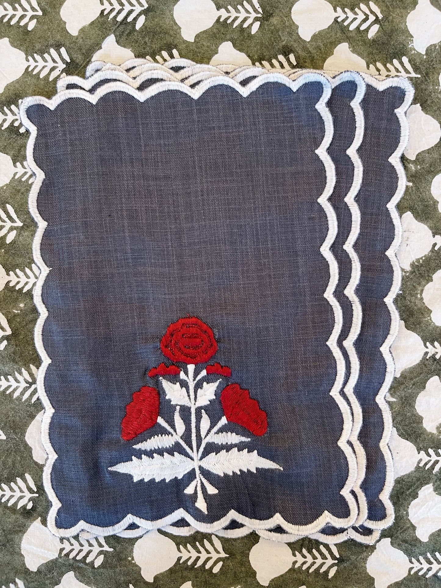 Pair of Embroidered Linen Cocktail napkins - Navy