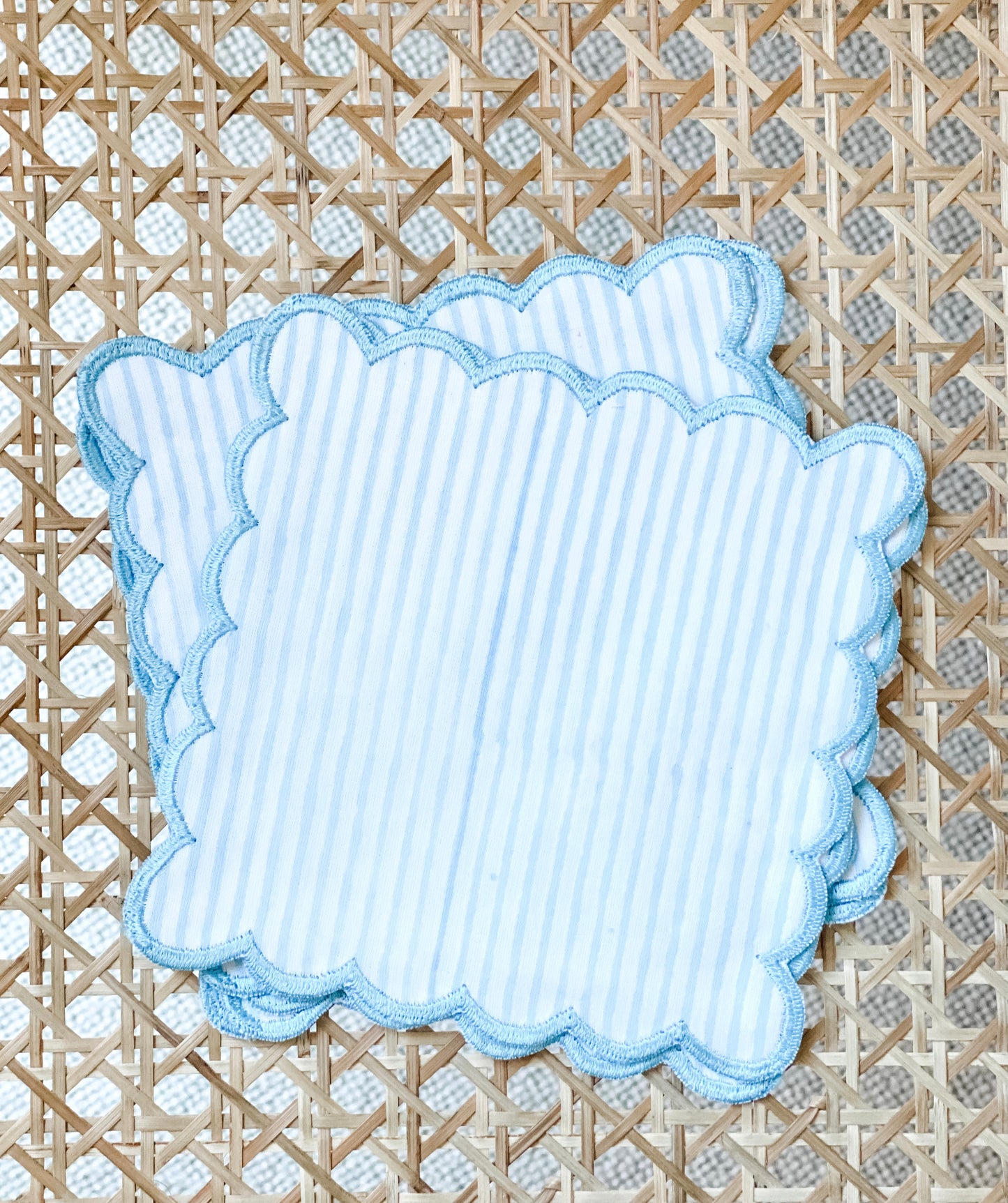 Six  Blue Ticking stripe cocktail squares